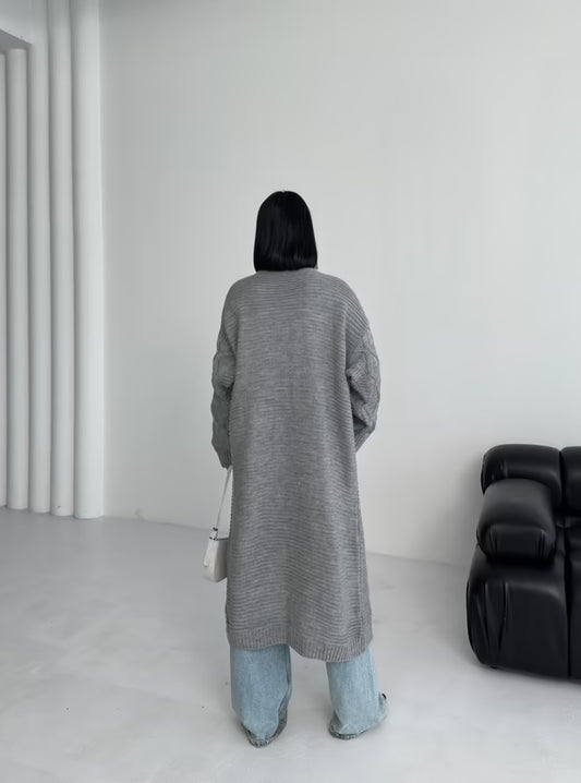 Grijs Lange Oversized Vest met Lange Mouwen