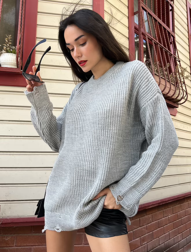 Lange Gescheurde Oversized Gebreide Trui