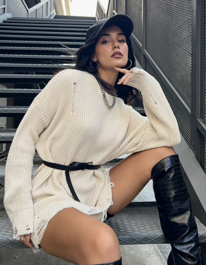 Lange Gescheurde Oversized Gebreide Trui