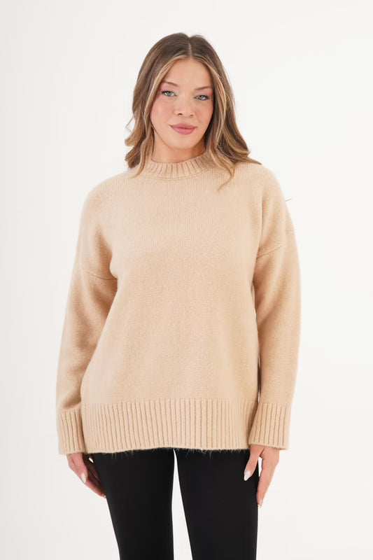 Beige Oversized Trui Met Crew Hals