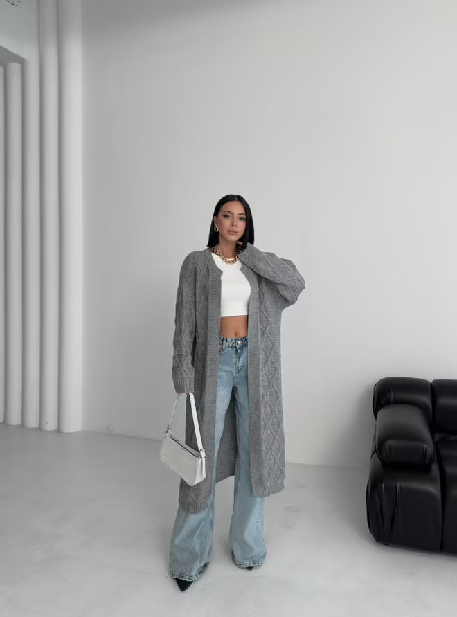 Grijs Lange Oversized Vest met Lange Mouwen