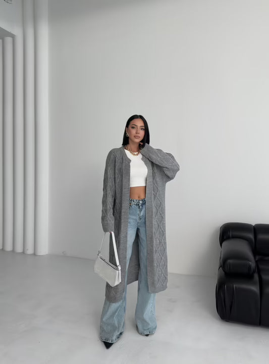 Grijs Lange Oversized Vest met Lange Mouwen