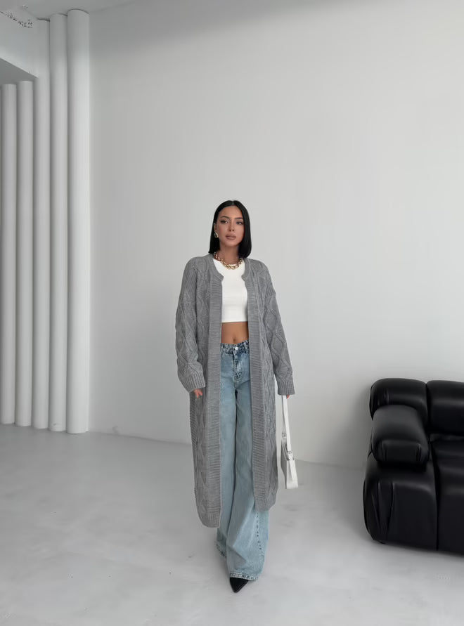 Grijs Lange Oversized Vest met Lange Mouwen